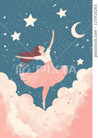 A Girl Dancing Freely in the Clouds and Stars with Clean Lines and Whimsical Illustration 125918263