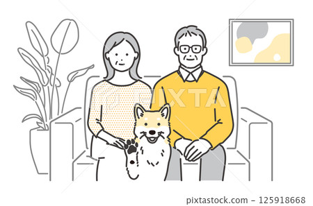 一對老年夫婦坐在客廳沙發上的向量插圖 一對老年夫婦坐在客廳沙發上的向量插圖 125918668