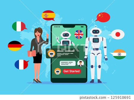 Business woman is learning different foreign languages with chat bot. 125918691