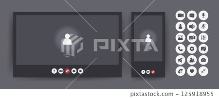Videocall Interface template. Video conference mockup for laptop and mobile application with chat buttons. Vector Illustration in flat style 125918955