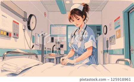 A female doctor tidying up in a hospital room 125918961