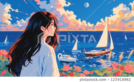 Girl looking at the sea 125918962