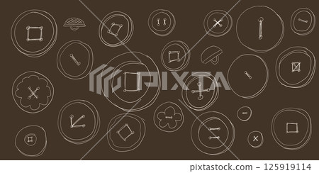 Set sewing buttons line art. Sewing accessories clothes various shapes. Hand drawn doodle on dark background 125919114