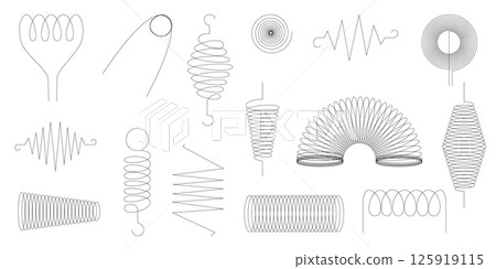 Line art icons featuring spring spiral and coil shapes ideal for creative projects seasonal themes posters web design branding materials and minimalist graphic elements 125919115