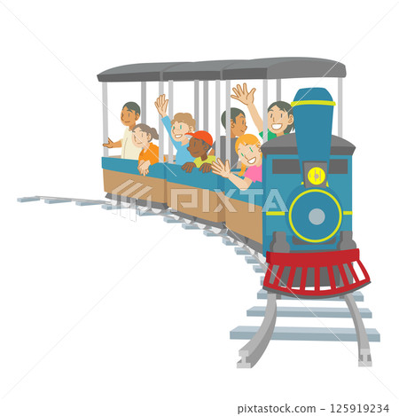 Multi-ethnic children riding a miniature train at an amusement park 125919234