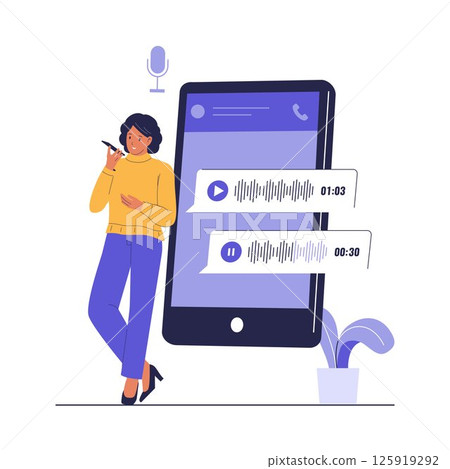Illustration of Woman Using Mobile Voice Chat Application 125919292
