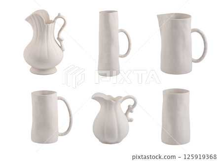 white ceramic jug, ceramic tableware isolated on a white background. white ceramic jug, ceramic tableware isolated on a white background. 125919368