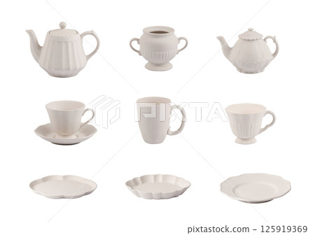 white ceramic teapot, White ceramic coffee mug and White ceramic plate, ceramic tableware isolated on a white background. white ceramic teapot, White ceramic coffee mug and White ceramic plate, ceramic tableware isolated on a white background. 125919369