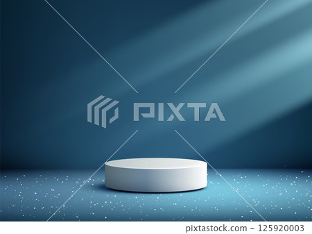white round 3d pedestal on blue background with spotlight effect, product display mockup showcase stand minimalist modern 125920003