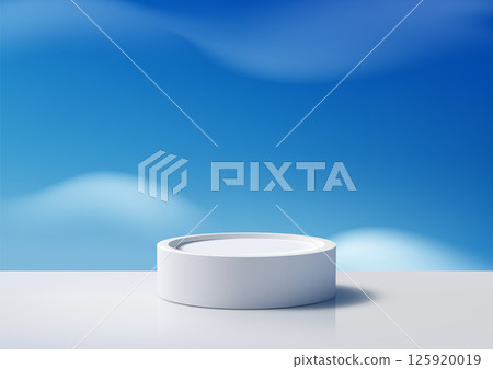 white cylindrical podium on blue sky minimalist 3d mockup clean glossy surface product display showcase modern 125920019