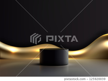3D sleek black cylindrical podium stand on reflective surface with luminous gold wave modern luxury display mockup 3D sleek black cylindrical podium stand on reflective surface with luminous gold wave modern luxury display mockup 125920039
