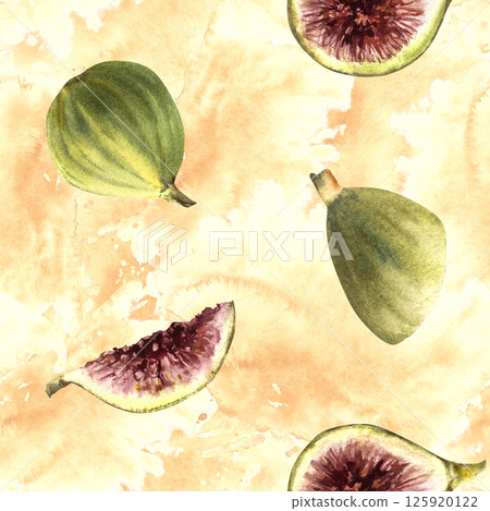 Figs fruit seamless pattern on Watercolor splashes, spotted yellow background. Whole green and sliced purple fig fabric. Food, plant clipart for wallpaper, packaging. Hand drawn isolated illustration 125920122