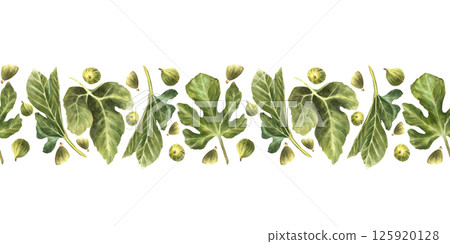 Watercolor fig and leaves seamless border. Realistic hand painted green plant botanical horizontal repeating pattern design for fabric, packaging. Hand drawn illustration on Isolated white background  125920128