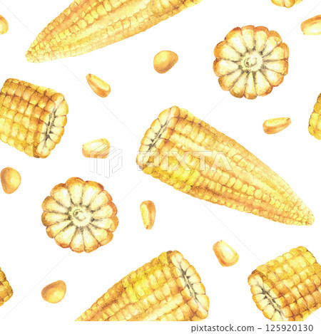 Corn seamless pattern Yellow kernels, cut corncobs or sweet golden maize plant cobs pieces and seeds. Watercolor hand drawn illustration for canned food label, fabric. Isolated from background clipart 125920130
