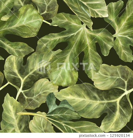 Green fig tree leaves watercolor seamless pattern. Realistic plant, botanical repeating design for fabric, wallpaper, packaging, textile product. Hand drawn illustration Isolated dark background  125920134