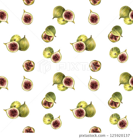 Figs fruit seamless pattern. Watercolor sliced and whole green and purple fig fruit. Food, plant clipart for fabric, wallpaper, packaging design. Hand drawn illustration on Isolated white background. Figs fruit seamless pattern. Watercolor sliced and whole green and purple fig fruit. Food, plant clipart for fabric, wallpaper, packaging design. Hand drawn illustration on Isolated white background. 125920137