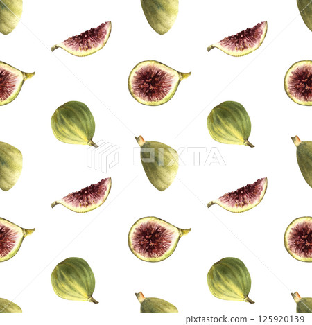 Watercolor Figs seamless pattern Realistic whole and sliced green purple fig fruit. Food, plant clipart for fabric, label, wallpaper, packaging. Hand drawn illustration on isolated white background Watercolor Figs seamless pattern Realistic whole and sliced green purple fig fruit. Food, plant clipart for fabric, label, wallpaper, packaging. Hand drawn illustration on isolated white background 125920139