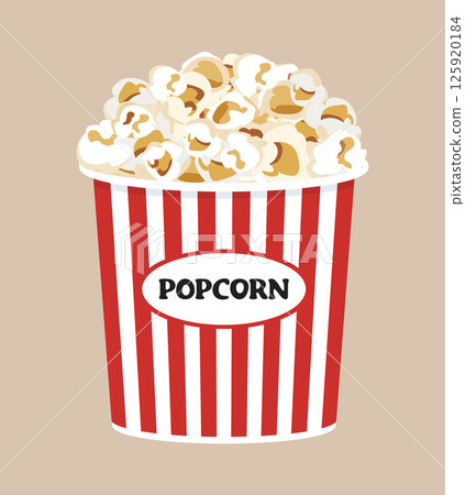 Popcorn in striped bucket fast food for watching cinema. Popcorn in striped bucket fast food for watching cinema. 125920184