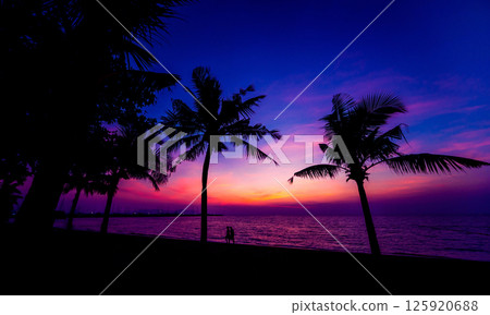 Beautiful tropical beach with palm trees. Sunrises and sunsets. Ocean. 125920688