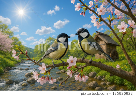Two great tits on a branch of a tree by the water with young leaves and fresh greenery 125920922