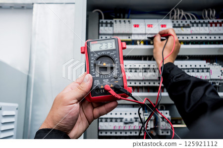Electrical measurements with multimeter tester. Modern electrical background. 125921112
