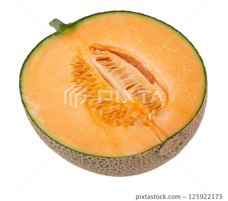 Orange melon or cantaloupe melon with seeds isolated on white background Orange melon or cantaloupe melon with seeds isolated on white background 125922173