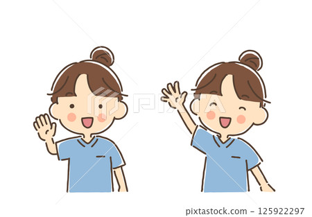 一群穿著手術服的女人微笑著舉起一隻手 125922297