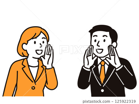 Illustration of a man and woman in a suit calling out Illustration of a man and woman in a suit calling out 125922319