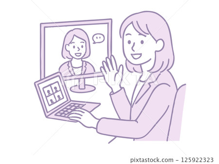 A woman greeting someone at an online meeting 125922323