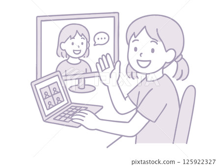 Illustration of a casual girl enjoying online conversation at home 125922327