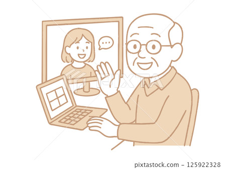 Illustration of a senior man enjoying an online call at home 125922328