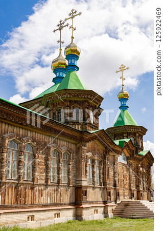 Wooden facade of Holy Trinity Cathedral in Karakol city, Kyrgyzstan 125922469