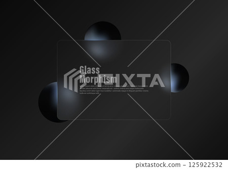 Rectangular matte glass panel and dark 3D spheres. Realistic glass morphism effect on a dark background. Rectangular matte glass panel and dark 3D spheres. Realistic glass morphism effect on a dark background. 125922532