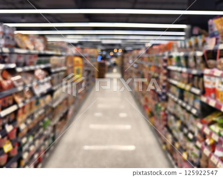 Blurry image of a grocery store with many shelves and displays 125922547