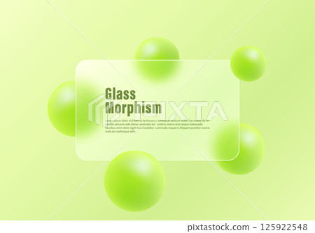 Website landing page template in glass morphism style. Presentation screen with glass overlay effect on floating gradient lime colored spheres. Frosted glass effect on lime haze background. 125922548