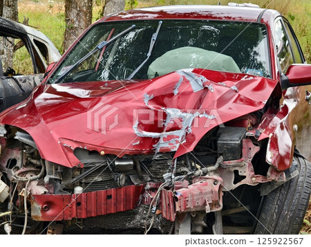 Abandoned cars after accidents in a dense overgrown setting 125922567