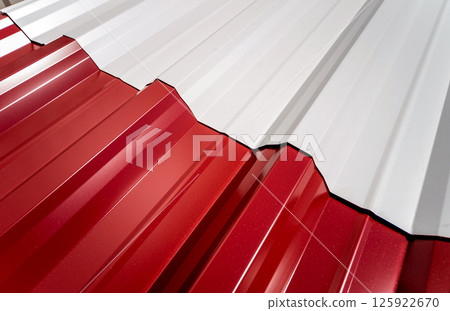 Red and white metallic roof tiles background with drops of water. Red and white metallic roof tiles background with drops of water. 125922670