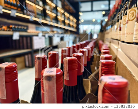 Many bottles of wine neatly arranged on a shop shelf 125922830