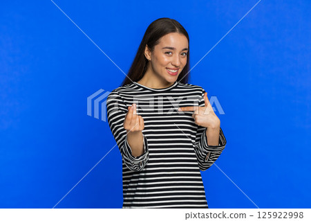 Woman rubbing fingers show cash gesture demands to pay back the debt take loan do shopping begging 125922998