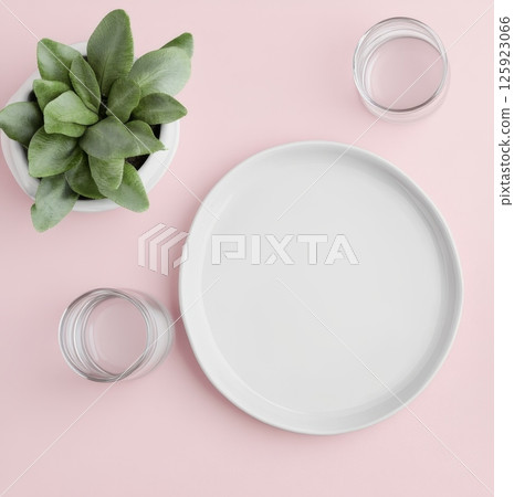 A minimalist table setting with a white plate, glasses of water, and a small potted succulent plant on a pink background 125923066