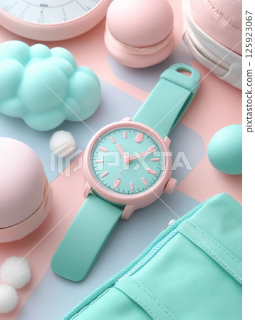 Pastel-themed mint green and pink watch with accessories on soft background Pastel-themed mint green and pink watch with accessories on soft background 125923067