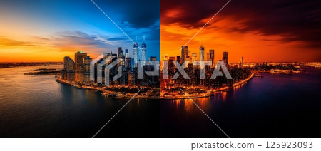 A split image showcases a cityscape at sunset, with one half exhibiting a cool blue tone and the other a warm orange hue A split image showcases a cityscape at sunset, with one half exhibiting a cool blue tone and the other a warm orange hue 125923093