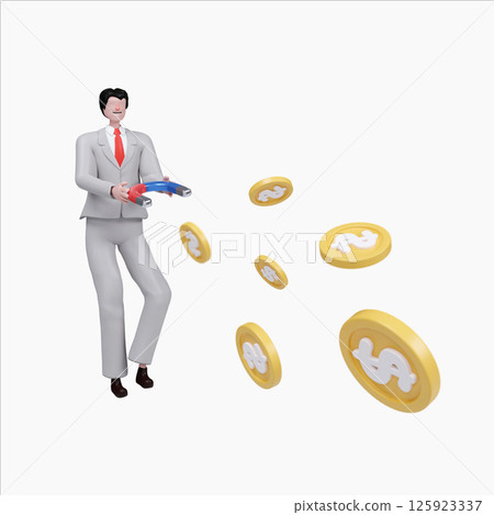 Business success with money gun shooting coins. 3D render illustration Business success with money gun shooting coins. 3D render illustration 125923337