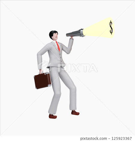 Businessman using a megaphone to seek financial opportunities. 3D render illustration Businessman using a megaphone to seek financial opportunities. 3D render illustration 125923367