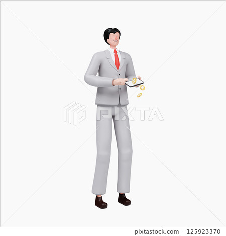 Business finance management with a businessman and coins. 3D render illustration Business finance management with a businessman and coins. 3D render illustration 125923370