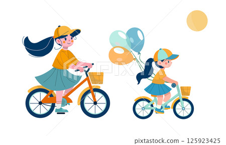 Girl woman child rides a bicycle . Cycling. 125923425