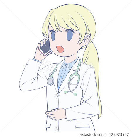 金髮女醫生用智慧型手機打電話，面帶微笑 125923557