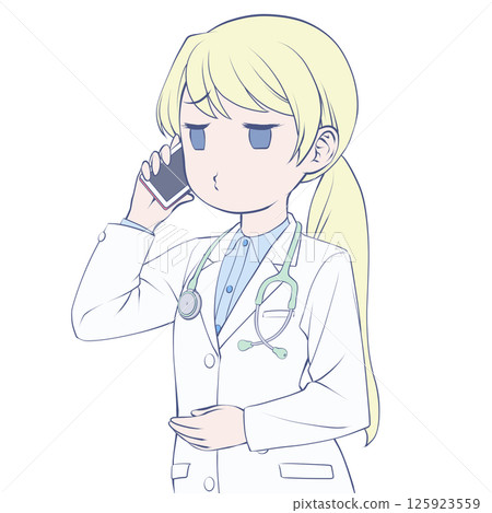 Blonde female doctor making a phone call on her smartphone, pouting 125923559