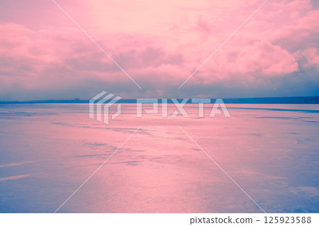View of the lake and cloudy sky at sunset. Panoramic view from above at Pink Lake. Minimalist landscape 125923588