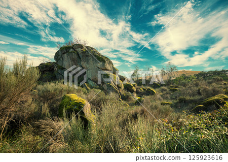 Rocky landscape with many big stones and boulders. Belmonte, Portugal 125923616